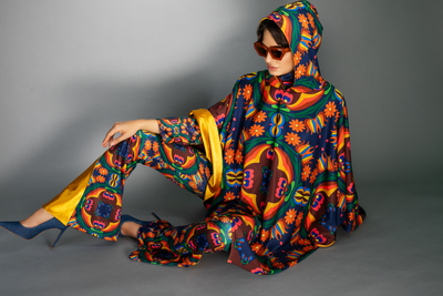 ED-043WA-RETRO FLOWER BROWN-ORANGE-BLUE  FLARE PANTS / GOLD ACCENT