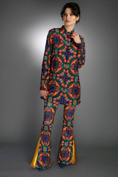 N-043WA-LONG SHIRT- RETRO FLOWER BROWN-ORANGE-BLUE