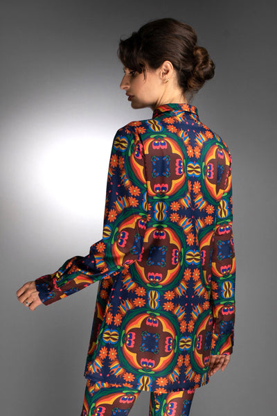 N-043WA-LONG SHIRT- RETRO FLOWER BROWN-ORANGE-BLUE