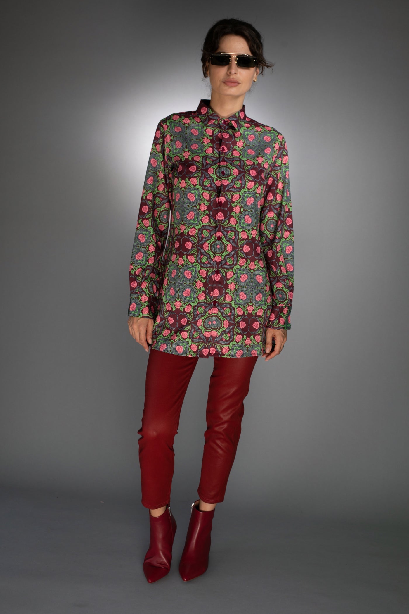N-043WM-ROSES BURGUNDY/ROSE PINK-LONG SHIRT