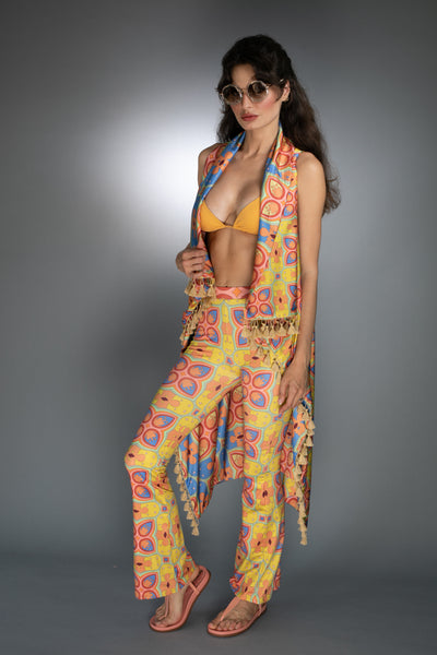 Satin Mustard Mescaline Print Reversible Tassel Vest - Cover up