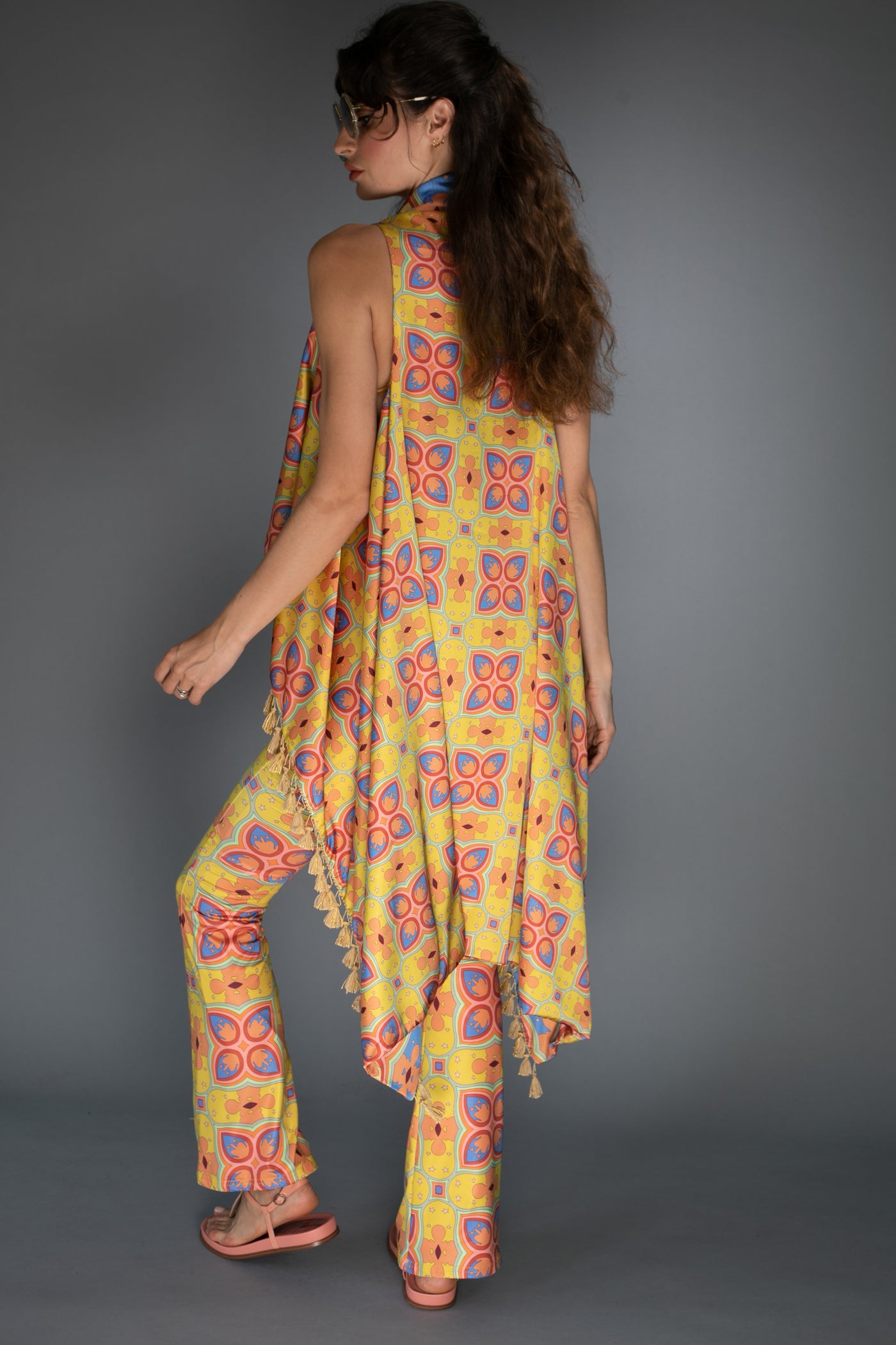 Satin Mustard Mescaline Print Reversible Tassel Vest - Cover up