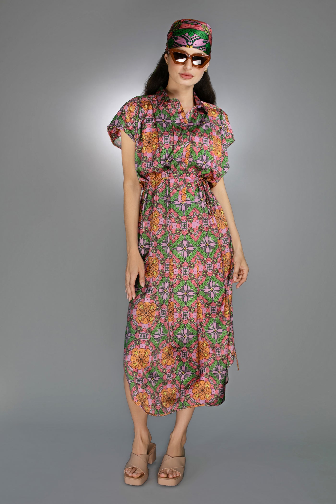 ED-077TZ- EXOTIC FLORAL ORANGE/PINK- SATIN SPREAD COLLAR DRESS