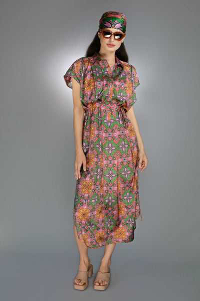 ED-077TZ- EXOTIC FLORAL ORANGE/PINK- SATIN SPREAD COLLAR DRESS