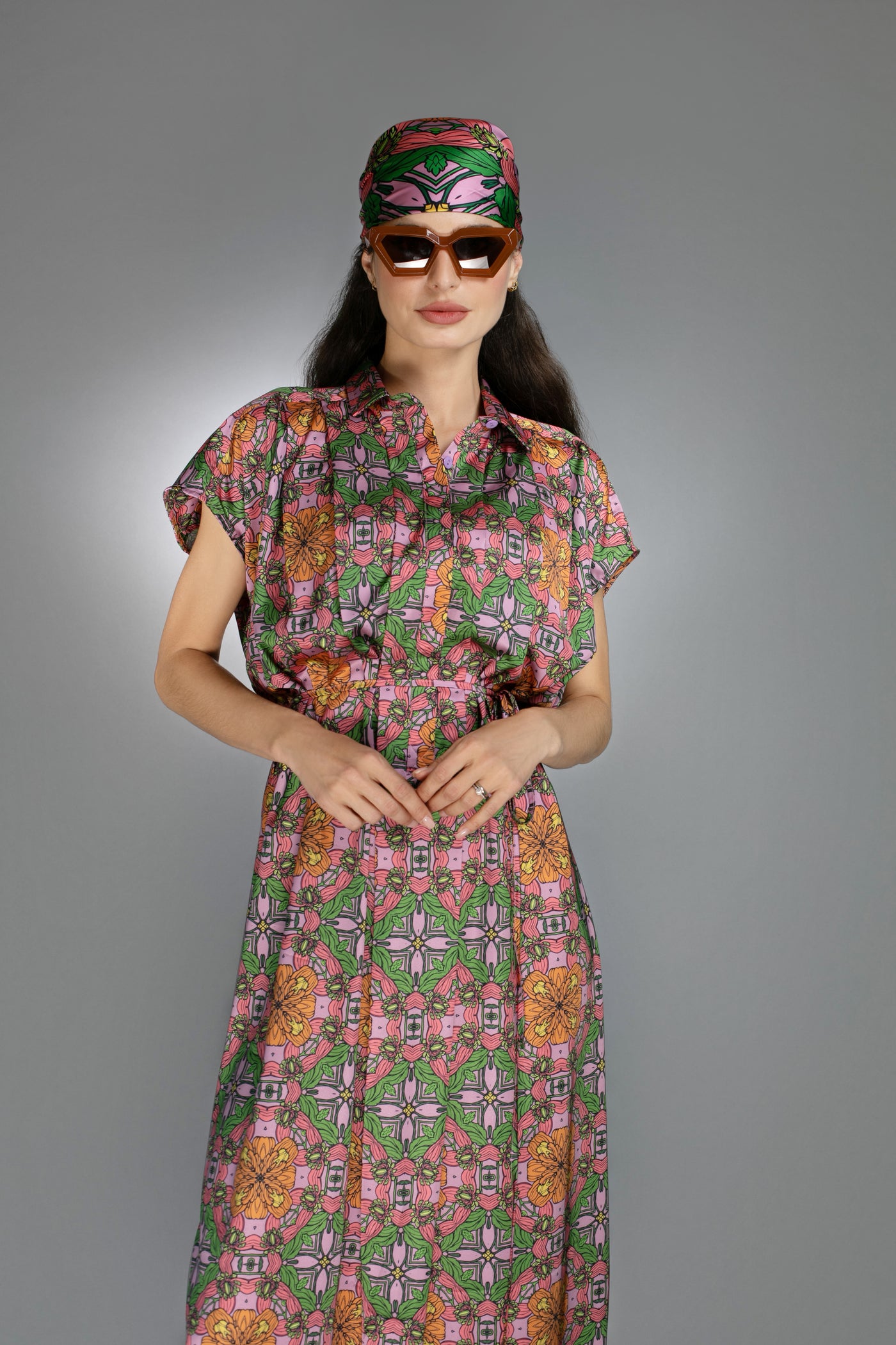 ED-077TZ- EXOTIC FLORAL ORANGE/PINK- SATIN SPREAD COLLAR DRESS