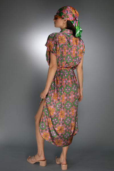 ED-077TZ- EXOTIC FLORAL ORANGE/PINK- SATIN SPREAD COLLAR DRESS