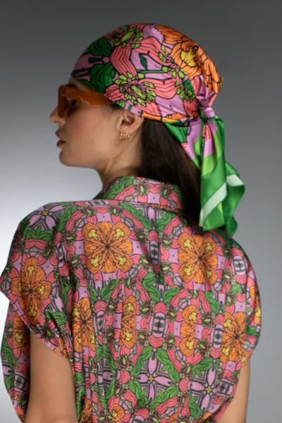 ED-013TZ- EXOTIC FLORAL ORANGE/PINK - Satin SCARF