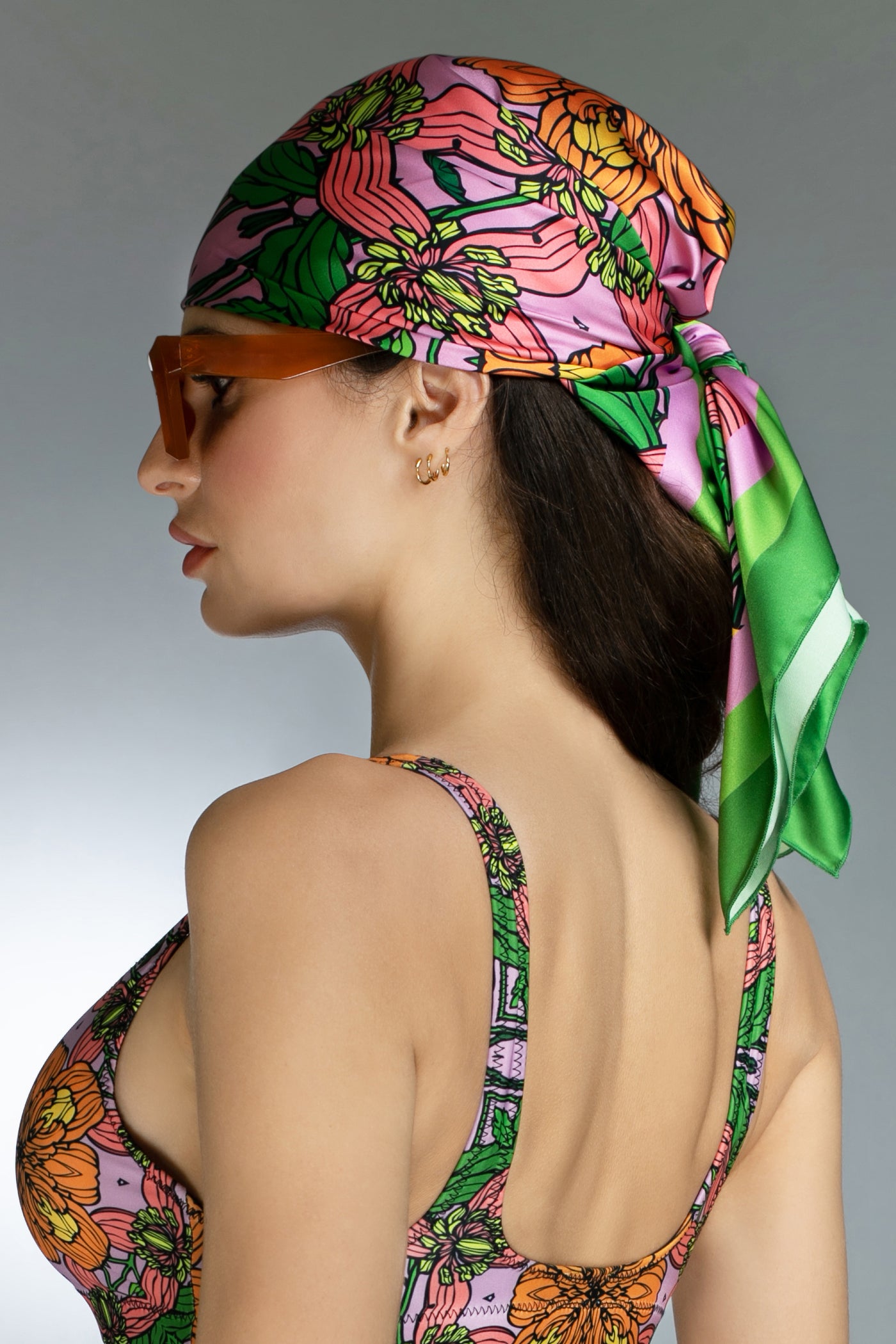 ED-013TZ- EXOTIC FLORAL ORANGE/PINK - Satin SCARF