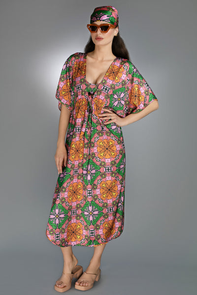 ED-065TZ-EXOTIC FLORAL ORANGE / PINK SATIN COVER UP