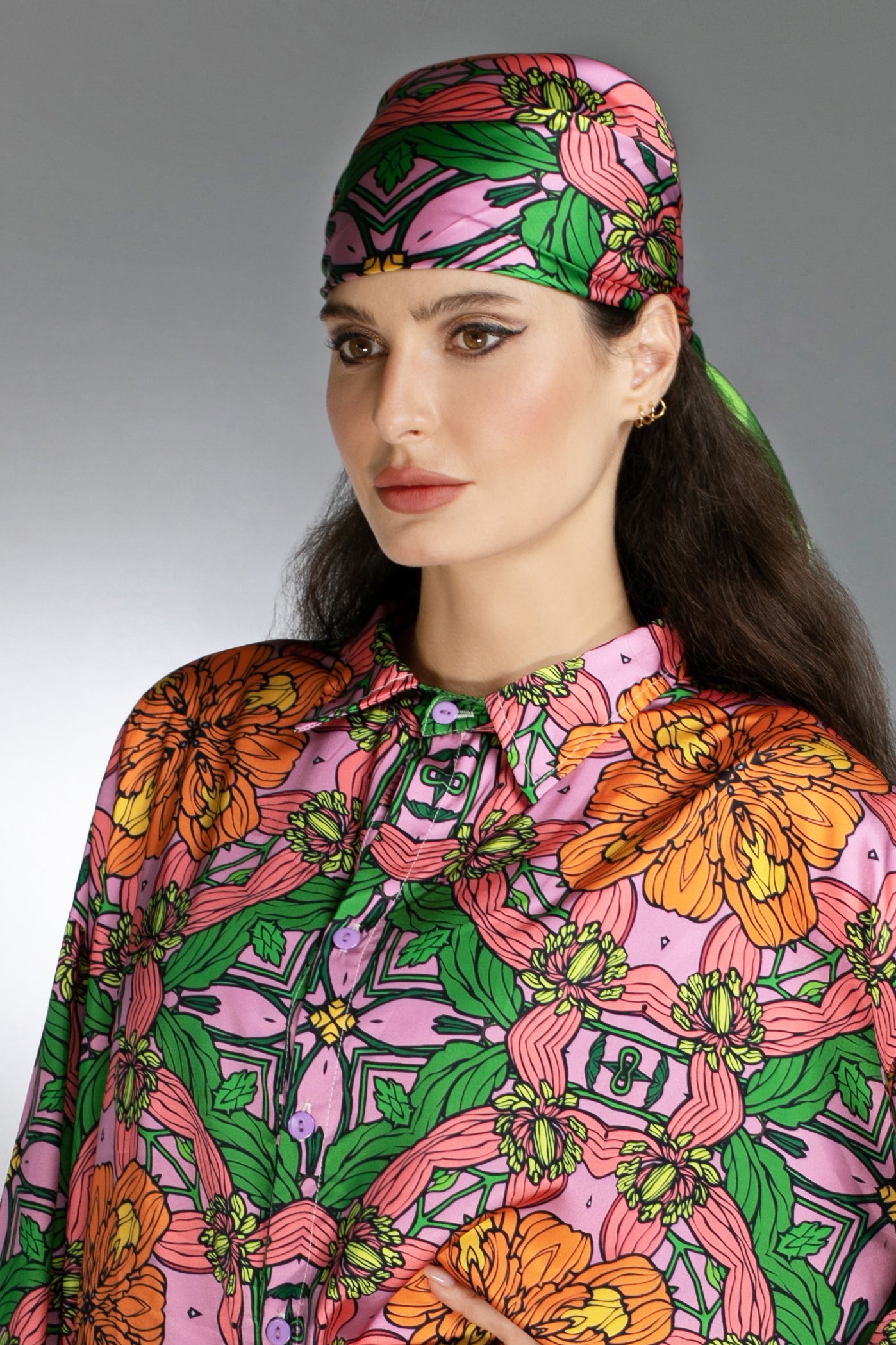 ED-013TZ- EXOTIC FLORAL ORANGE/PINK - Satin SCARF