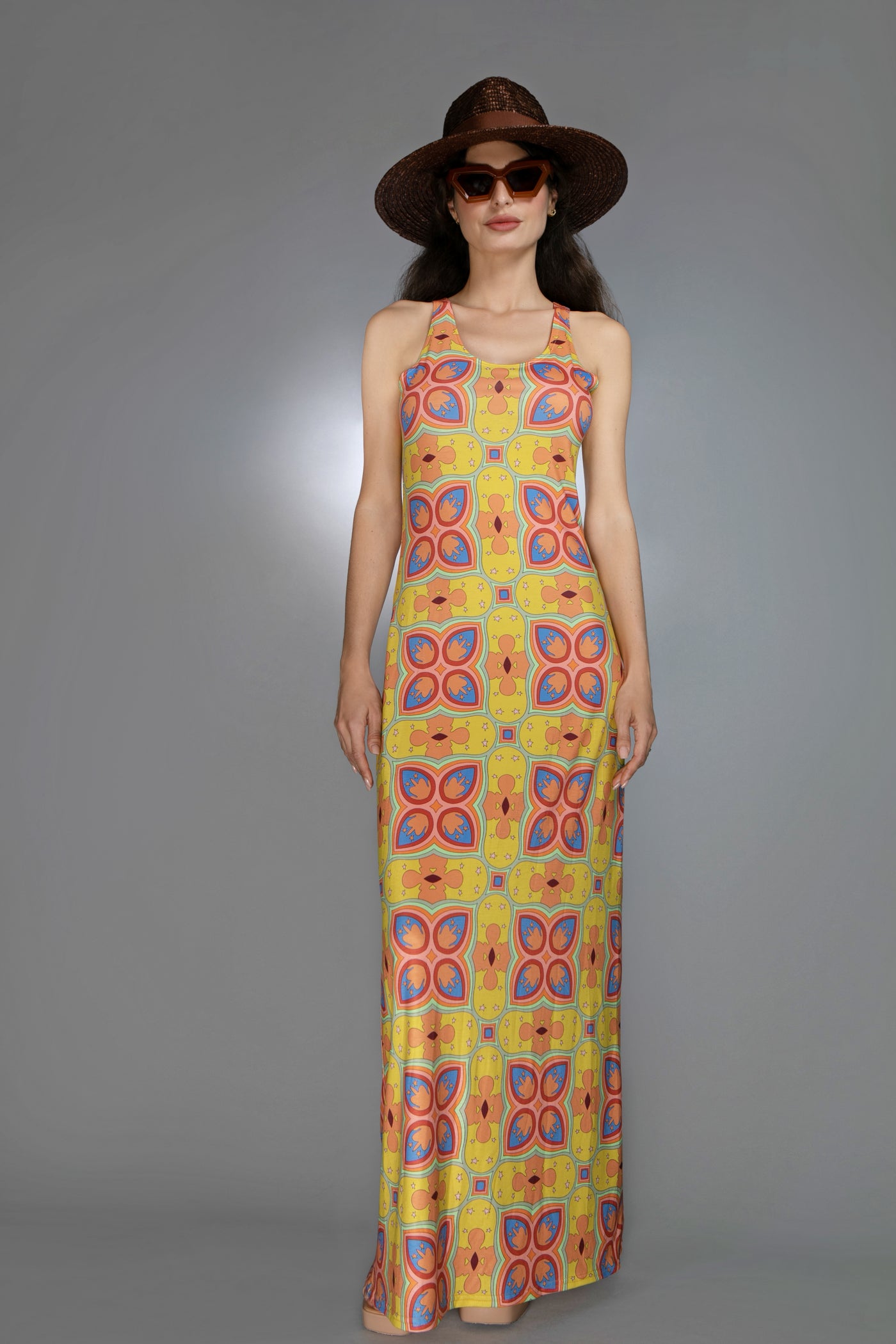 ED-042NU-MUSTARD MESCALINE FLORAL MAXI DRESS