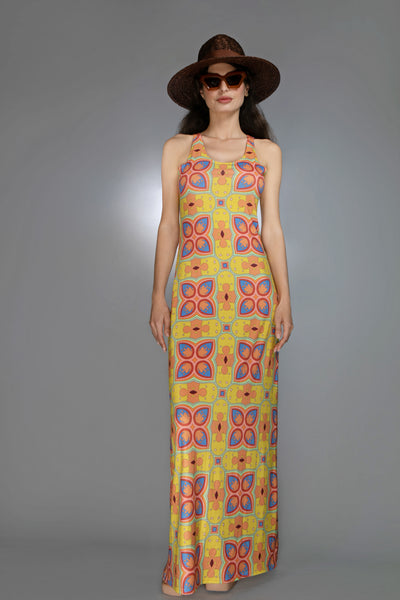 ED-042NU-MUSTARD MESCALINE FLORAL MAXI DRESS