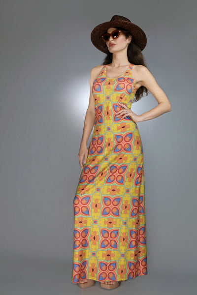 ED-042NU-MUSTARD MESCALINE FLORAL MAXI DRESS