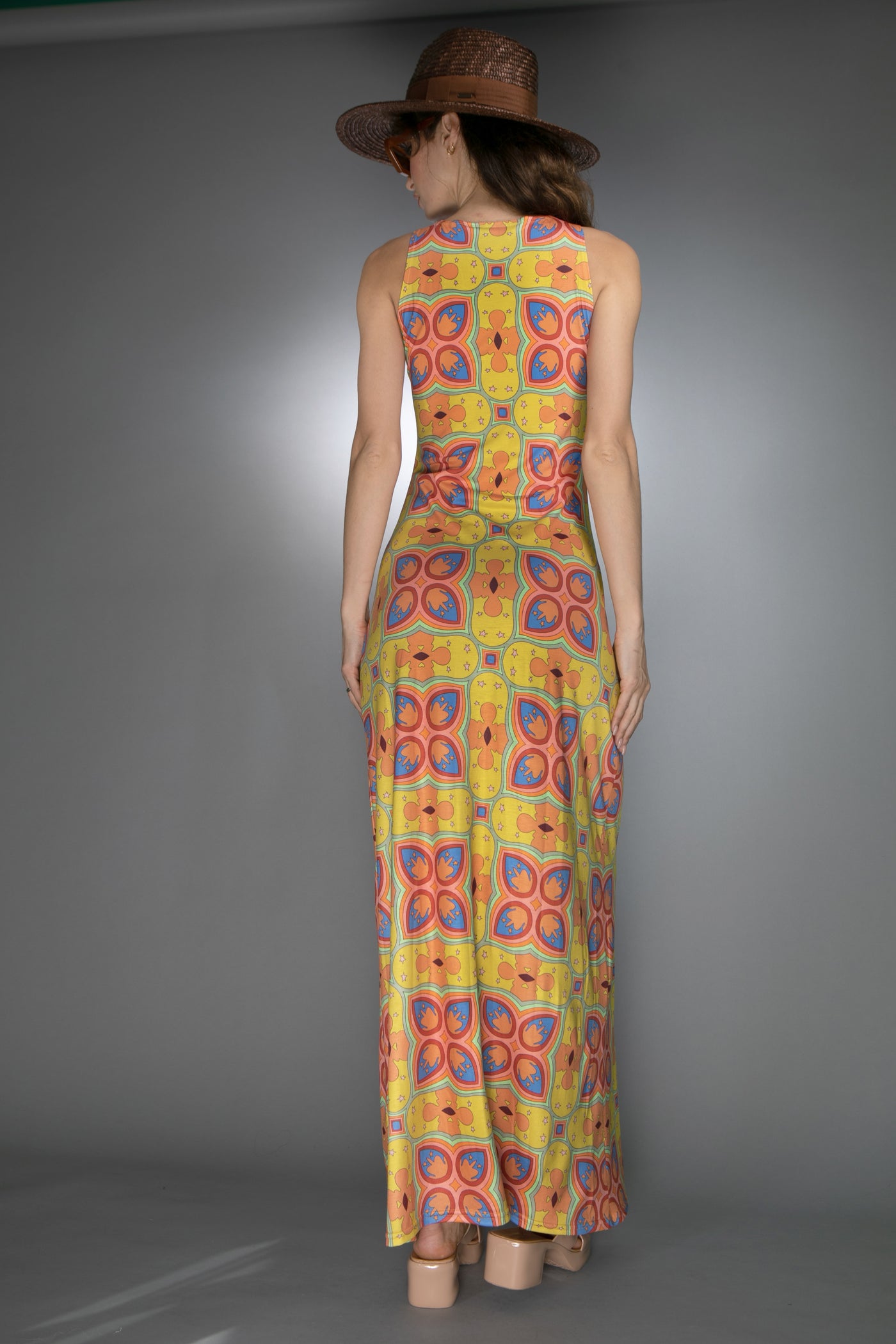 ED-042NU-MUSTARD MESCALINE FLORAL MAXI DRESS