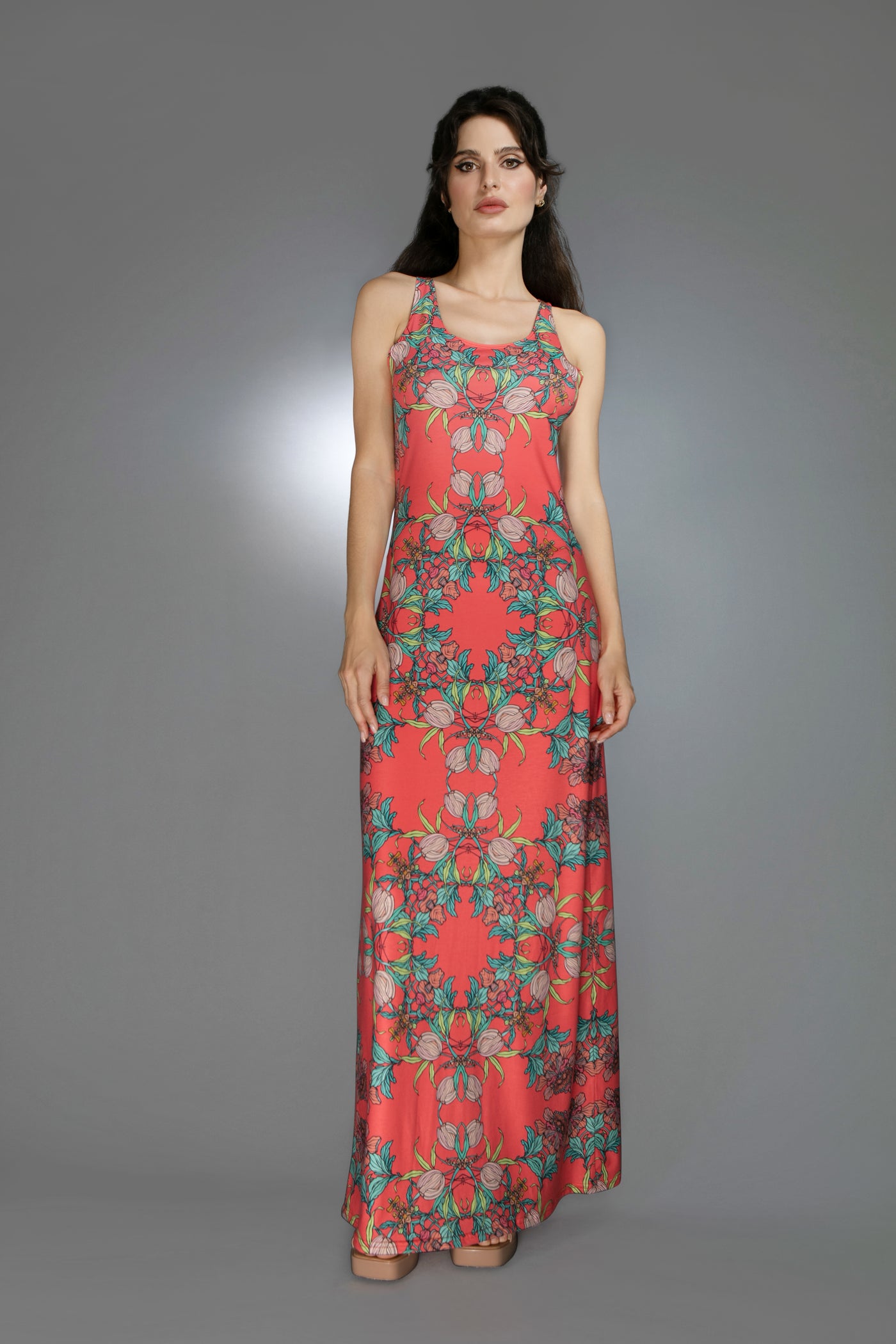 ED-042NW-CROCUS RED FLORAL MAXI DRESS