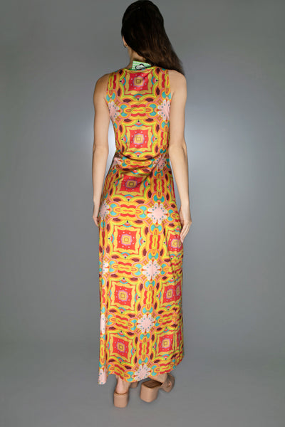PSYCHEDELIC CLOUDS RED GOLD MAXI DRESS