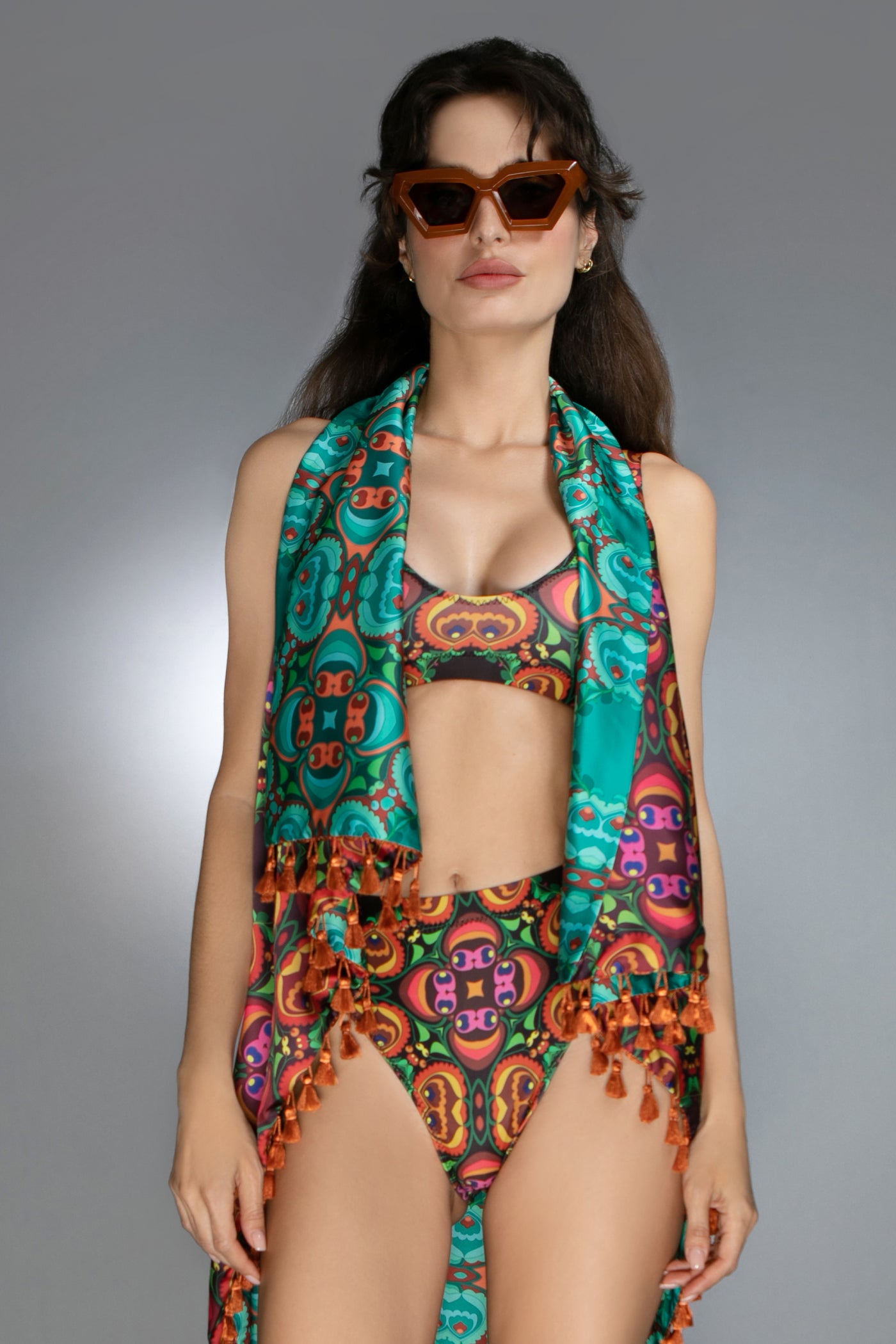 Satin Brown/Teal Reversible Tassel Vest - Cover Up