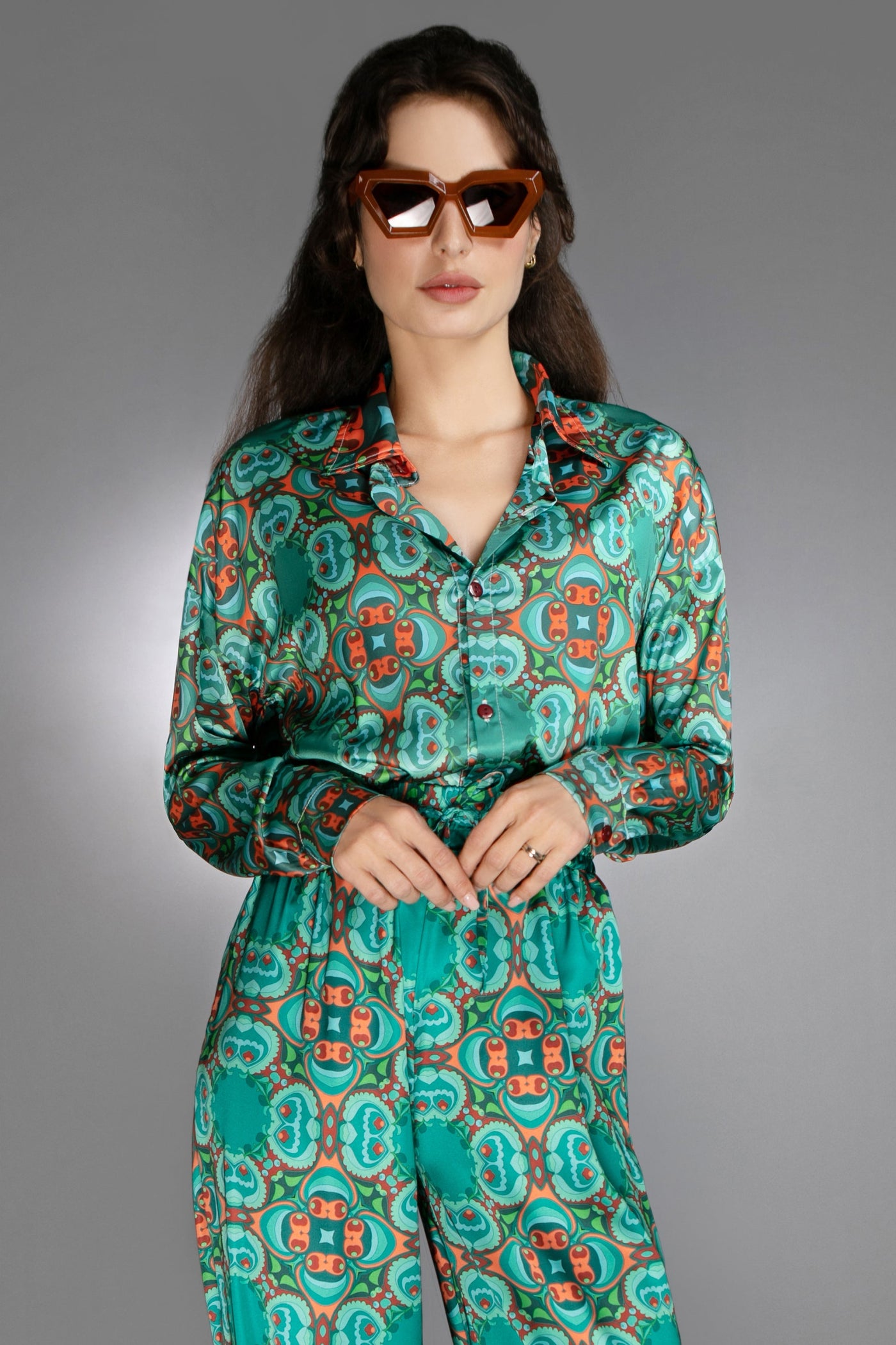 ED-019NB-TEAL ORANGE- SATIN BLOUSE