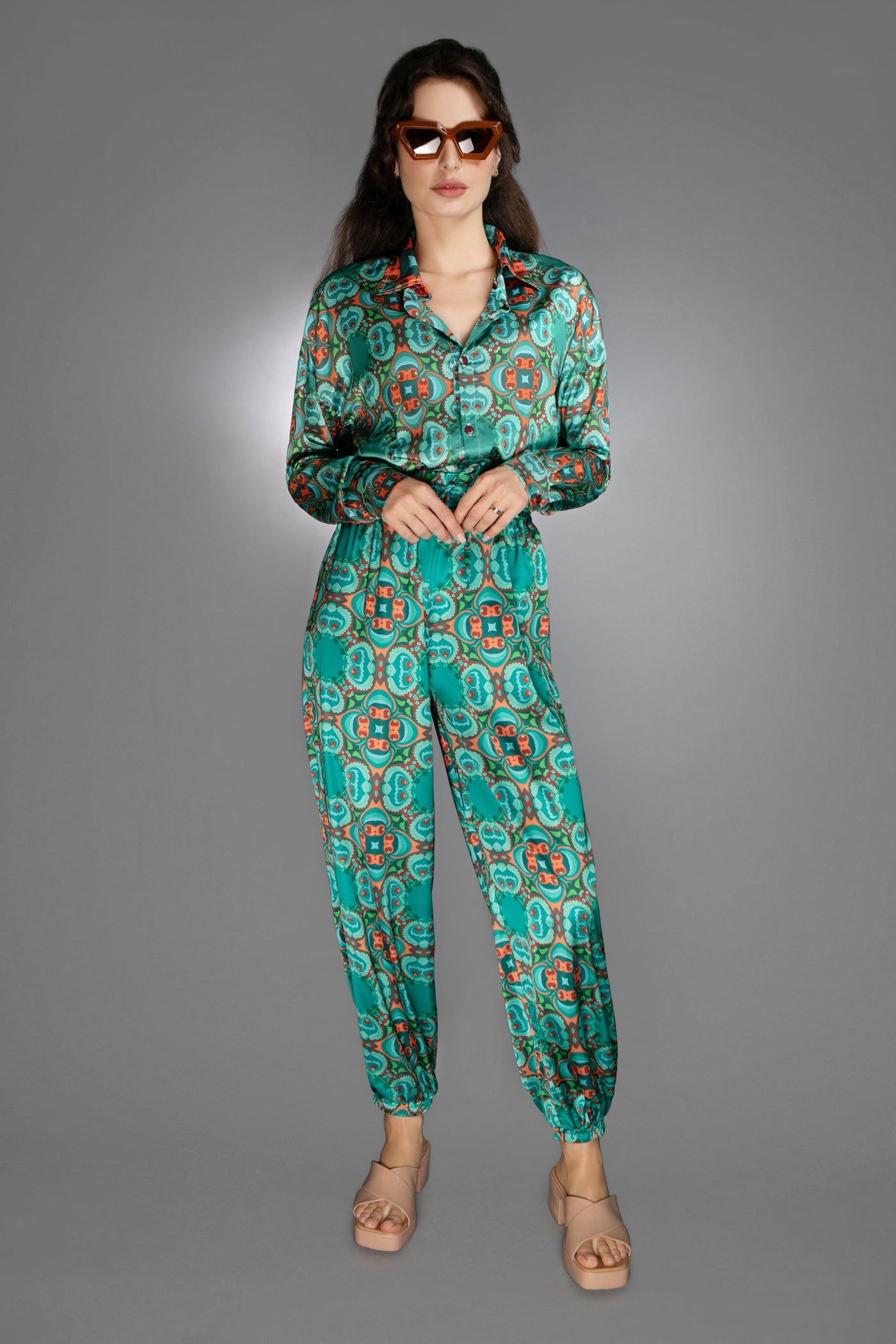 ED-019NB-TEAL ORANGE- SATIN BLOUSE