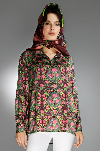 ED-019WG-PINK/ BURGUNDY ROSSES- SATIN BLOUSE