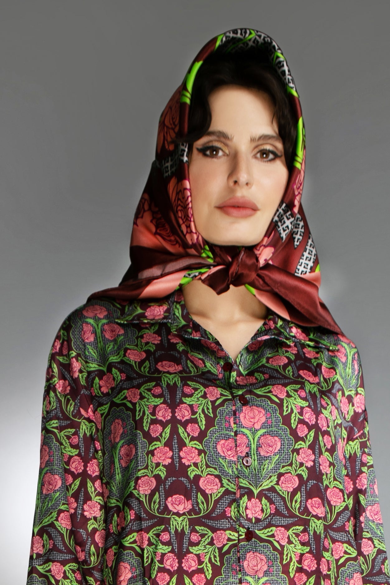 ED-019WG-PINK/ BURGUNDY ROSSES- SATIN BLOUSE
