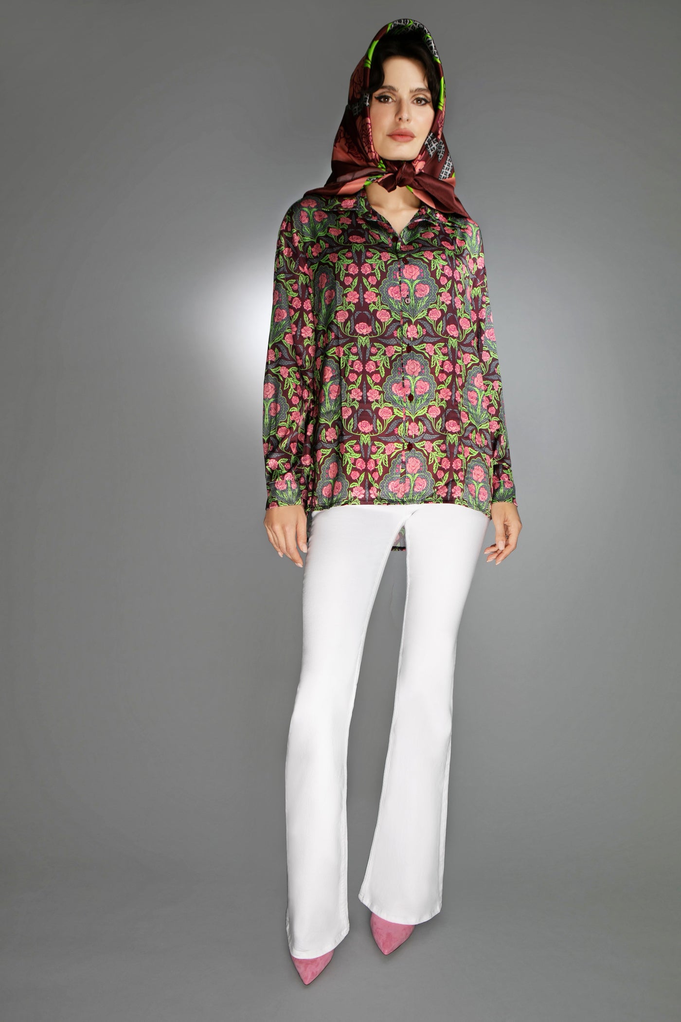ED-019WG-PINK/ BURGUNDY ROSSES- SATIN BLOUSE