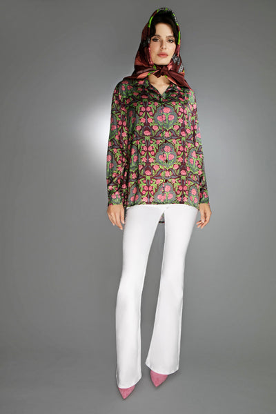 ED-019WG-PINK/ BURGUNDY ROSSES- SATIN BLOUSE