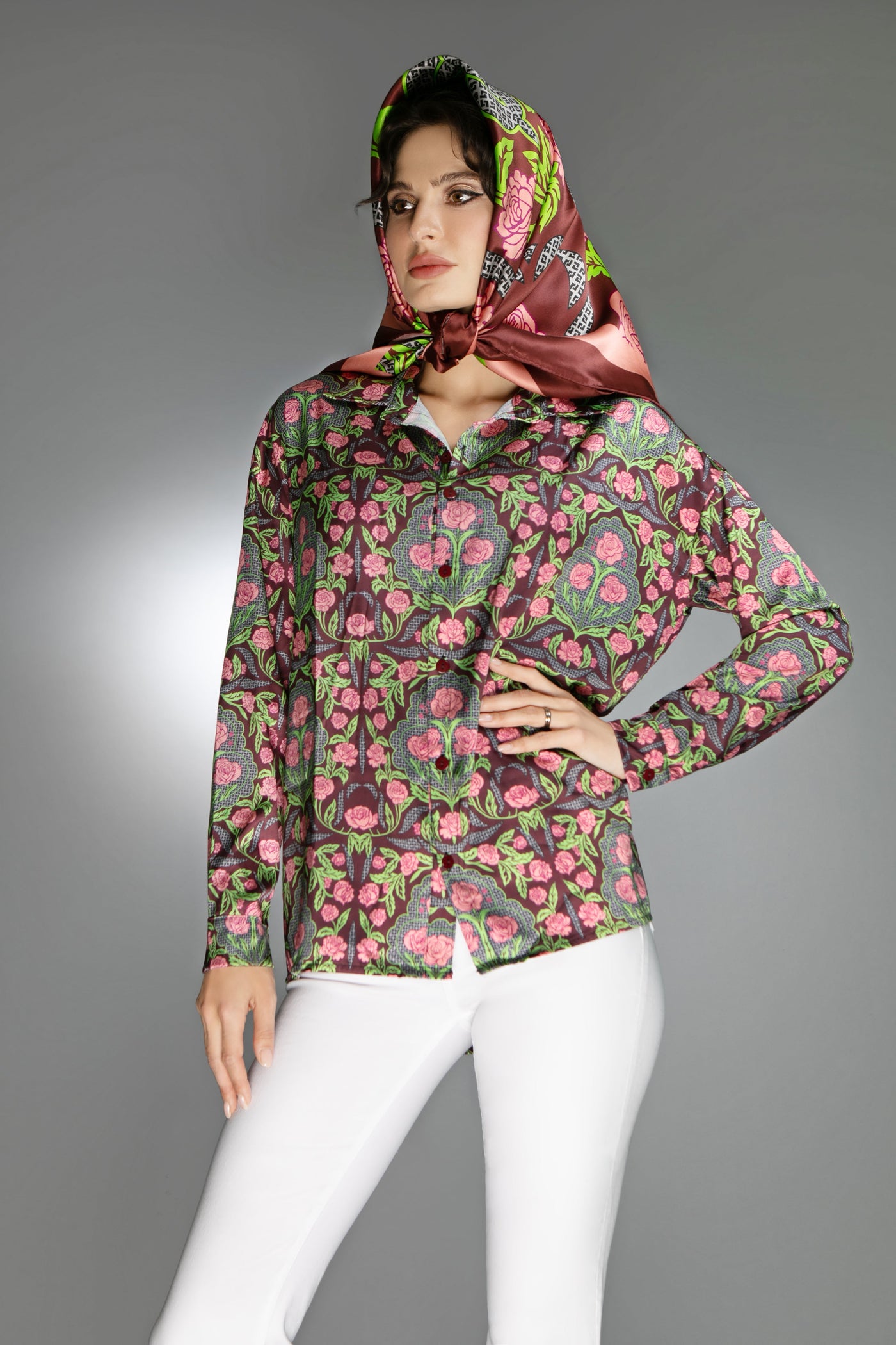 ED-019WG-PINK/ BURGUNDY ROSSES- SATIN BLOUSE