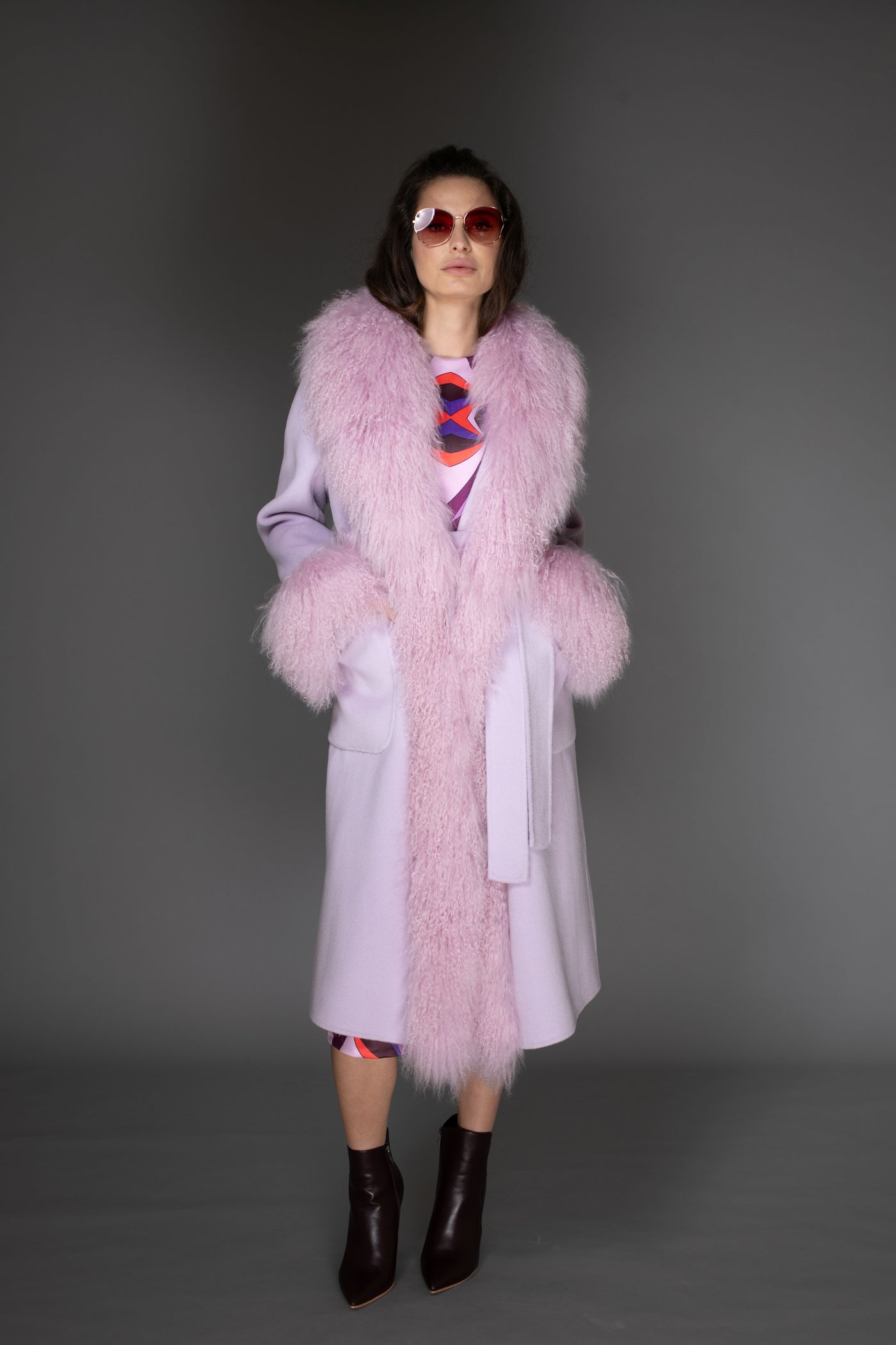 Coat - Light Purple Cashmere & Mongolian Fur
