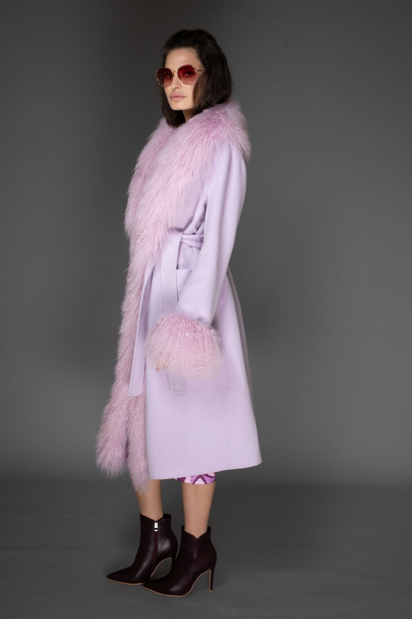 Coat - Light Purple Cashmere & Mongolian Fur