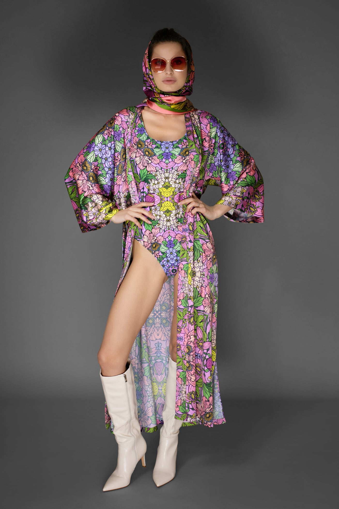 AB Kimono - Floral Purple-Agua Satin