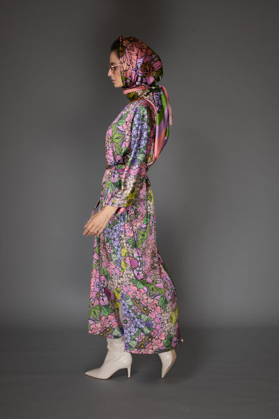 AB -  Floral Purple-Agua Satin Kimono