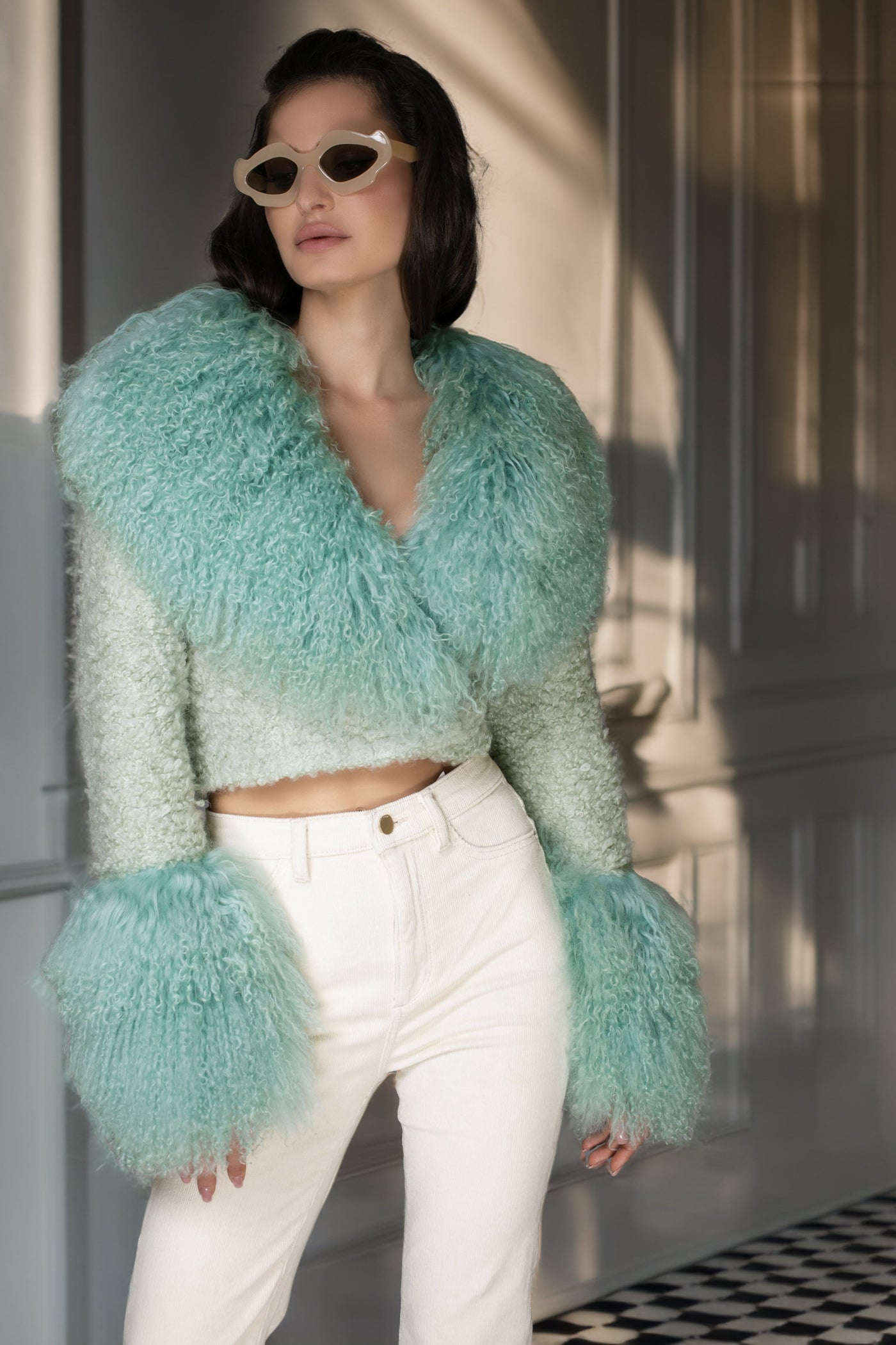 AW Coat - Mint Green Cropped Mongolian Wool