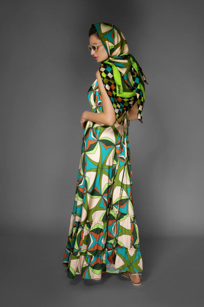 AB -  Green Sleeveless Abstract  Print Ruffle Satin Maxi Dress