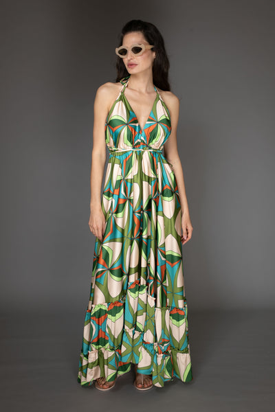 AB -  Green Sleeveless Abstract  Print Ruffle Satin Maxi Dress