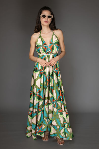 AB -  Green Sleeveless Abstract  Print Ruffle Satin Maxi Dress
