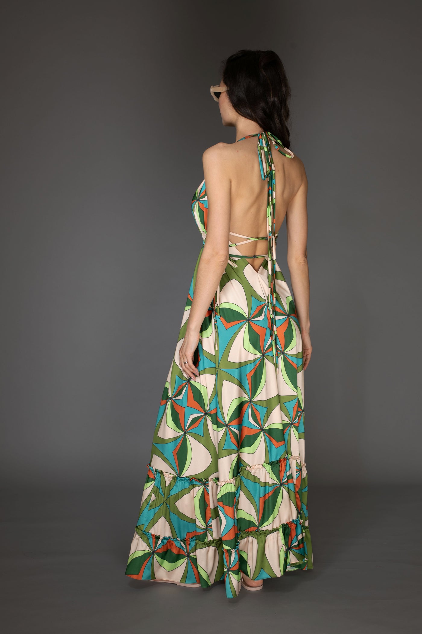 AB -  Green Sleeveless Abstract  Print Ruffle Satin Maxi Dress