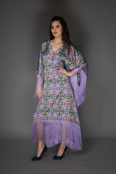 AB -  Lilac Purple Nouveau Floral Satin Long Kaftan Dress