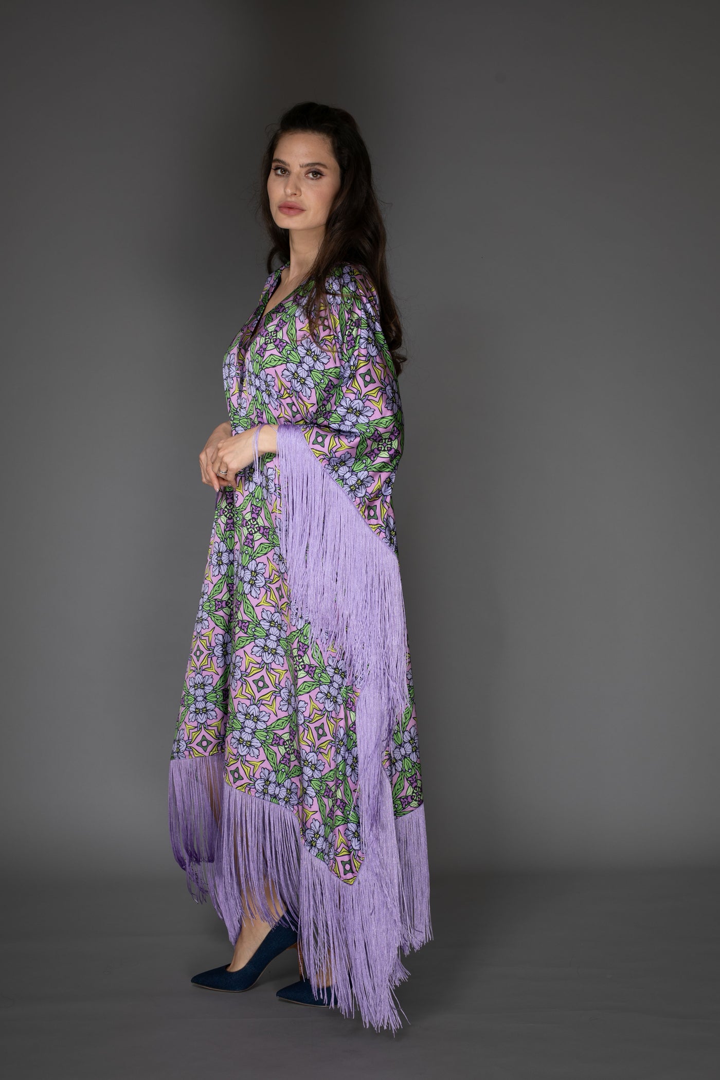 AB -  Lilac Purple Nouveau Floral Satin Long Kaftan Dress