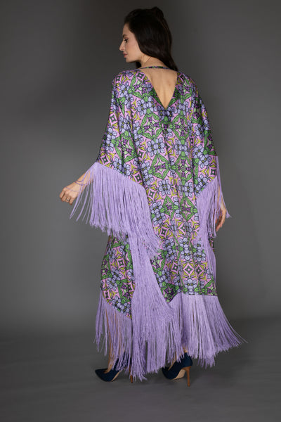 AB -  Lilac Purple Nouveau Floral Satin Long Kaftan Dress