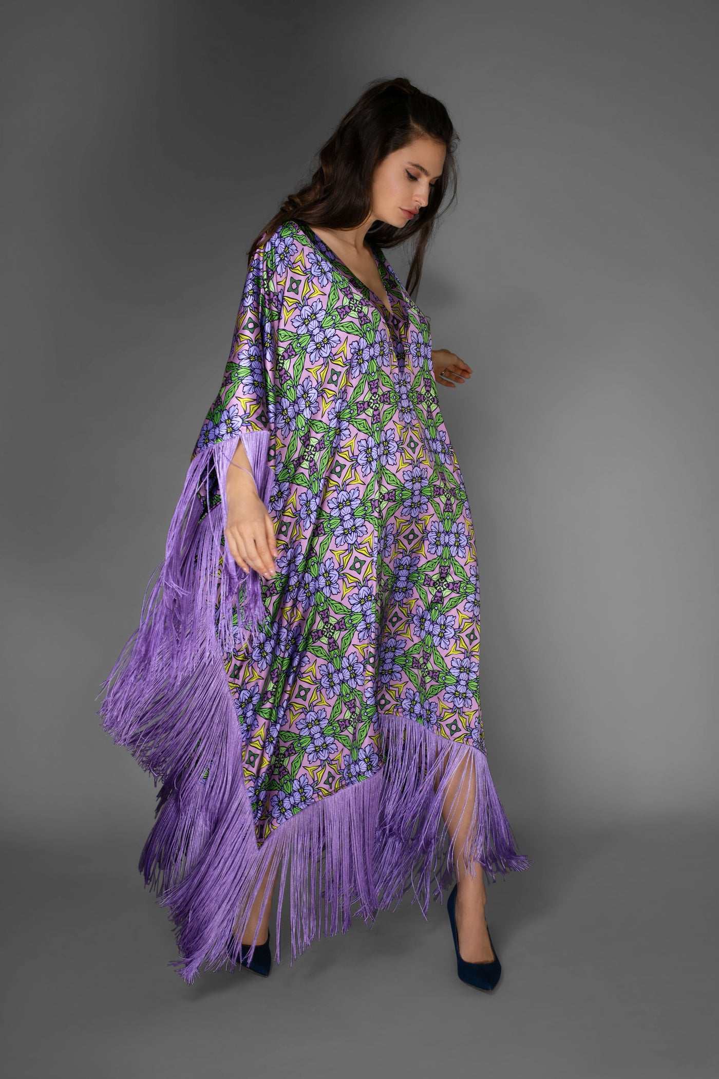 AB -  Lilac Purple Nouveau Floral Satin Long Kaftan Dress