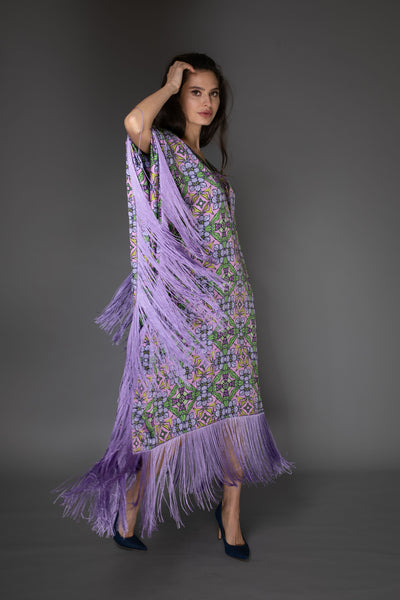 AB -  Lilac Purple Nouveau Floral Satin Long Kaftan Dress