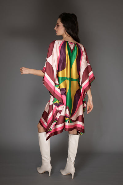 AB -  Pink Abstract Print Short Satin Kaftan Dress