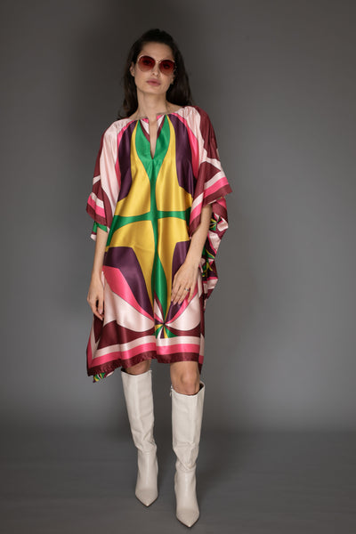 AB -  Pink Abstract Print Short Satin Kaftan Dress