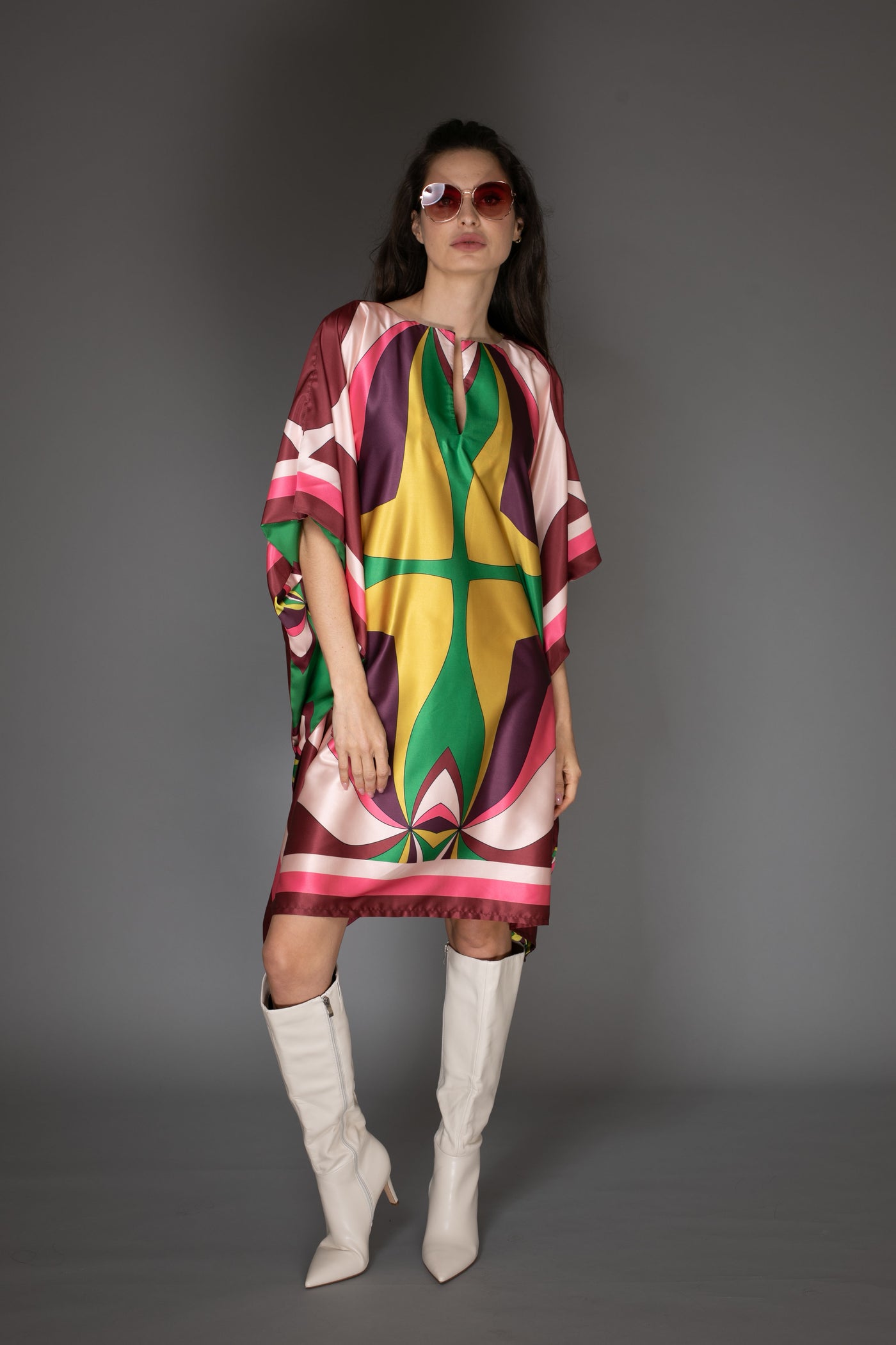 AB -  Pink Abstract Print Short Satin Kaftan Dress