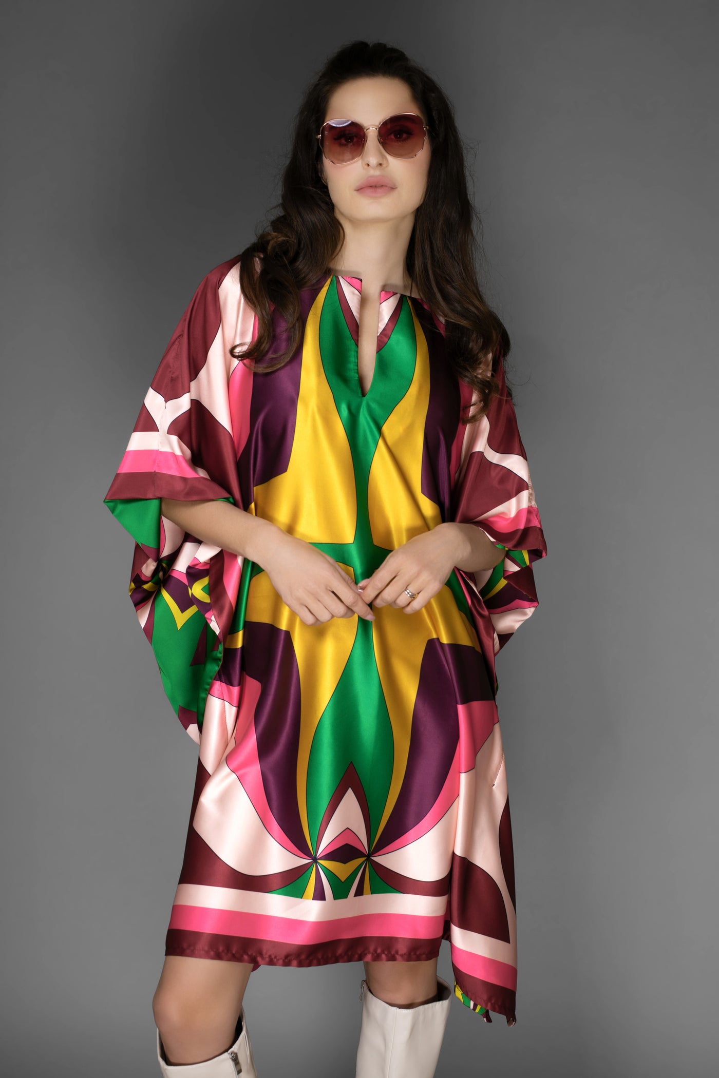 AB -  Pink Abstract Print Short Satin Kaftan Dress