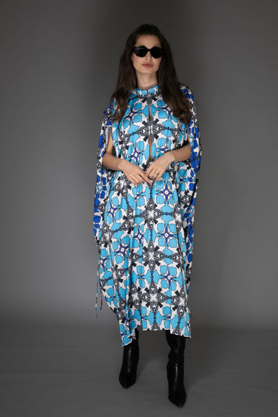 AB - Abstract Print Blue Long Satin Kaftan