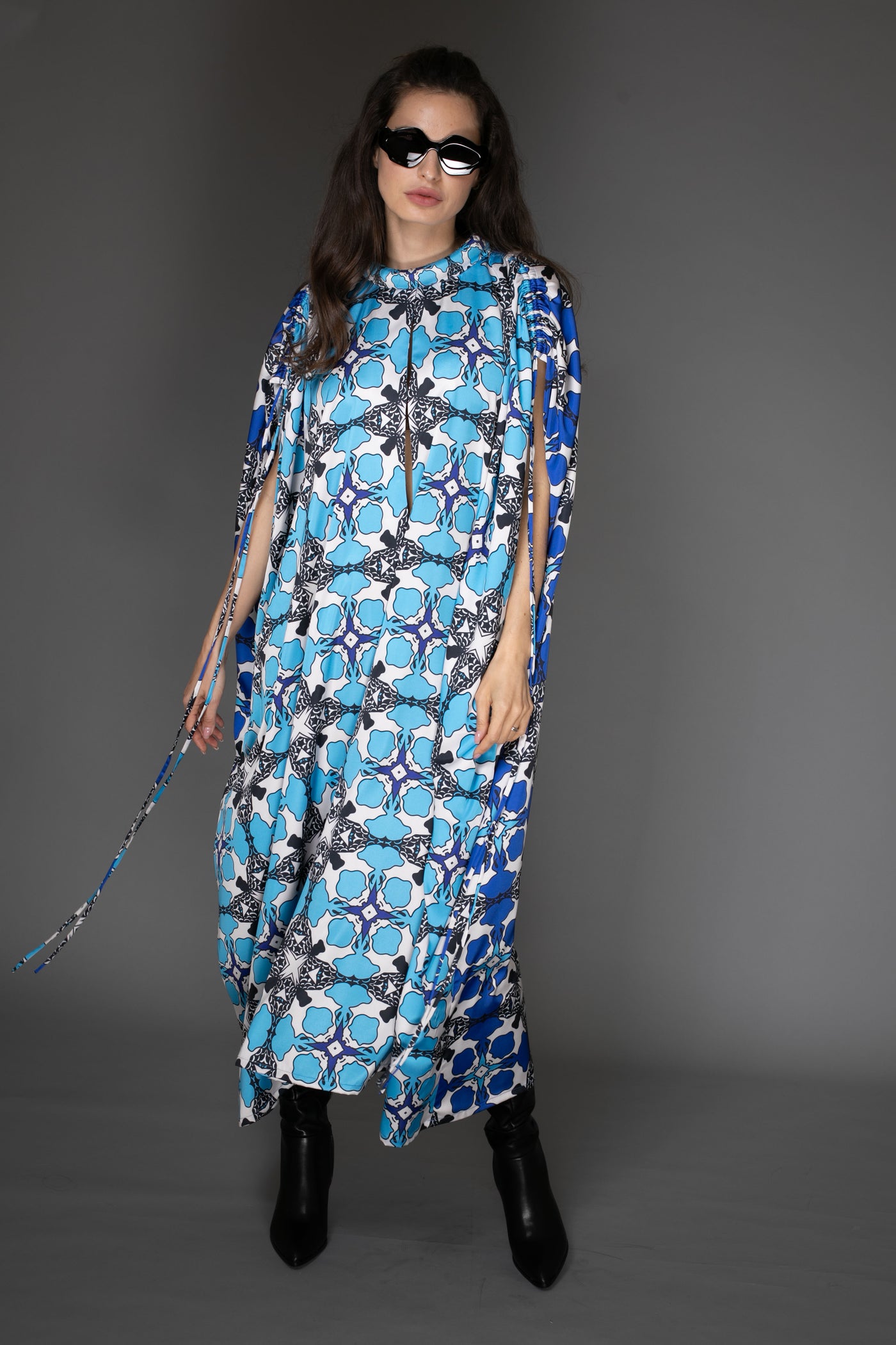 AB - Abstract Print Blue Long Satin Kaftan