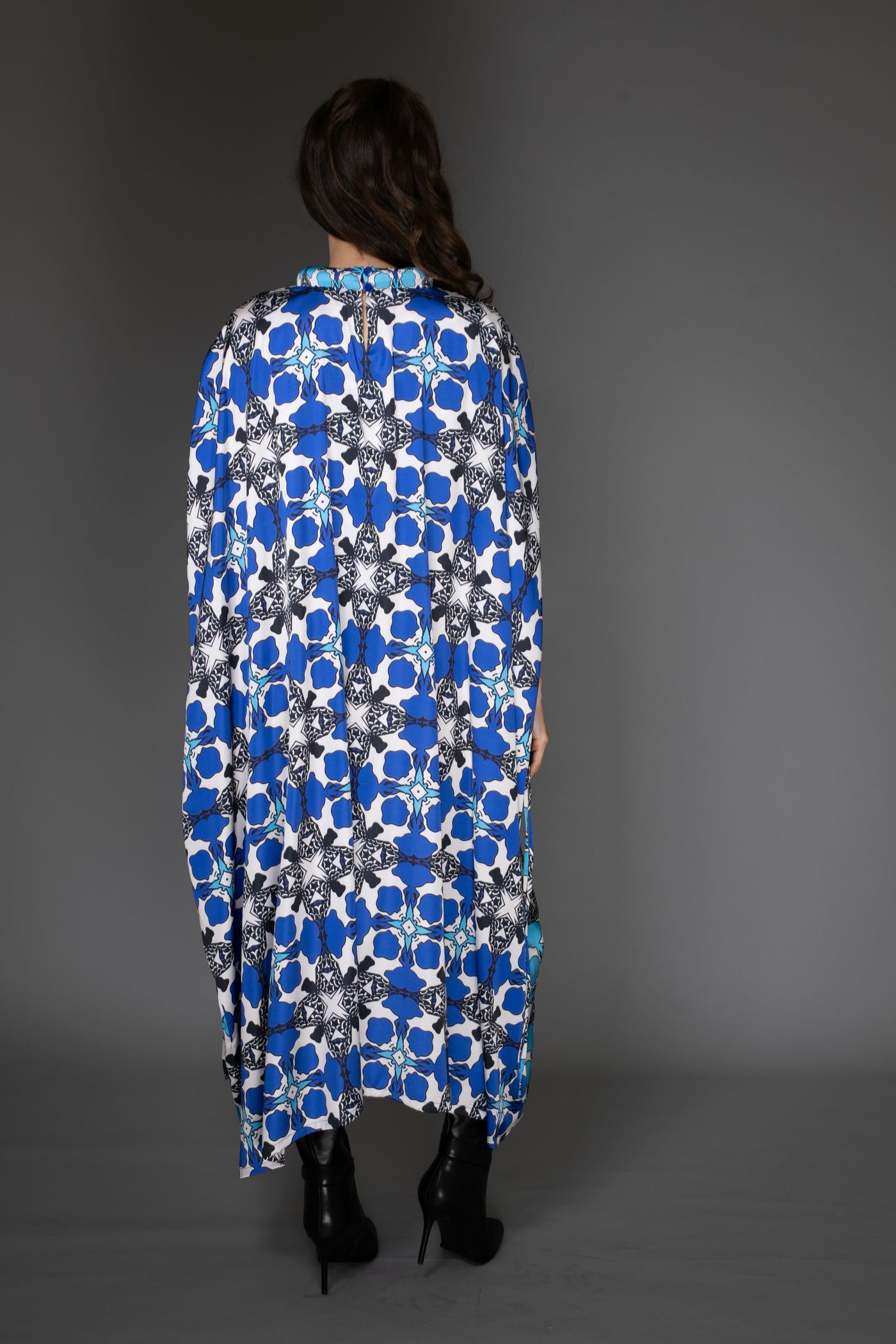 AB - Abstract Print Blue Long Satin Kaftan