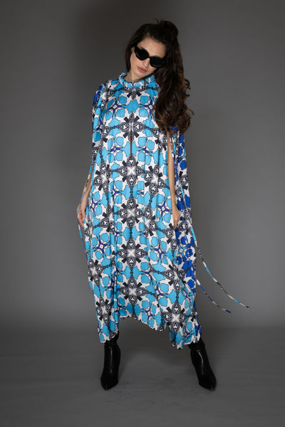 AB - Abstract Print Blue Long Satin Kaftan